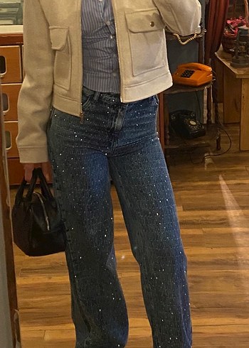 Gri Taşlı Midi Denim Kadın Jean