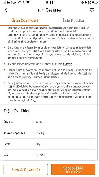 0 - 13 kg Beden çeşitli Renk Fisher price ana kucağı