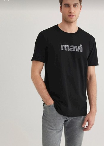 Mavi Baskılı Siyah Erkek Tişört