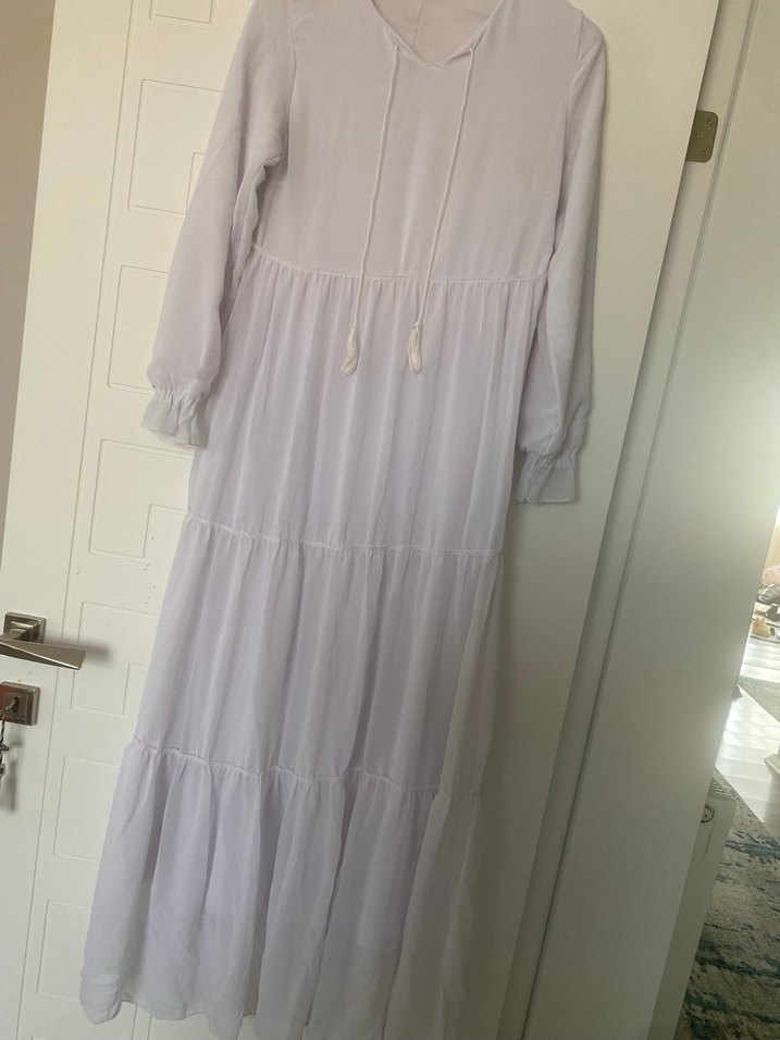 Uzun Kollu Beyaz Nakışlı Bohem Elbise - Görsel 3