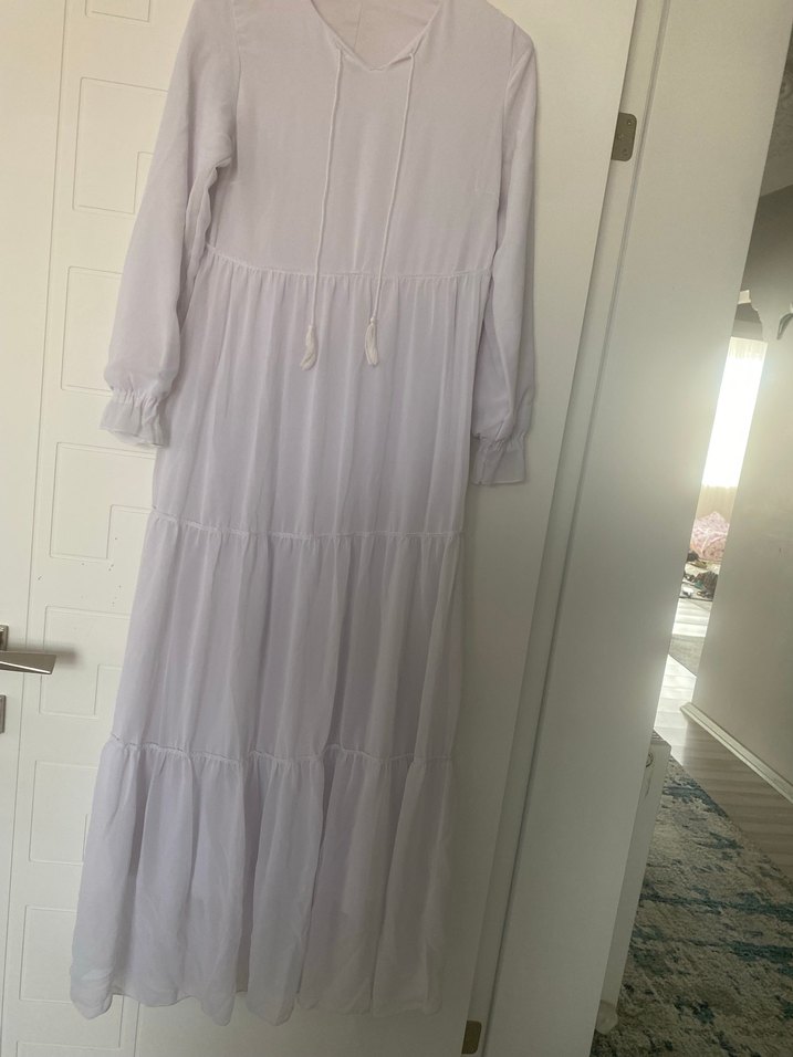 Uzun Kollu Beyaz Nakışlı Bohem Elbise - Görsel 2