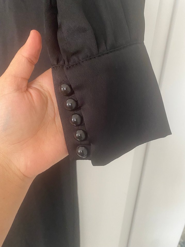 Uzun Siyah Saten Kemerli Elbise - Görsel 3