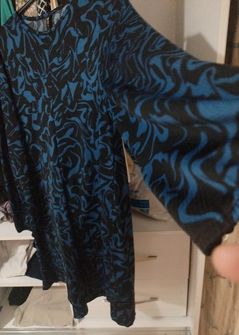 48 Beden mavi Renk Mavi Bağlama Desenli Uzun Kollu Midi Tunik