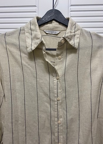 Bej Çizgili Keten Kadın Gömlek - Görsel 2