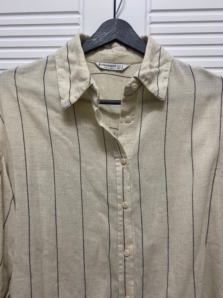 Bej Çizgili Keten Kadın Gömlek - Görsel 2