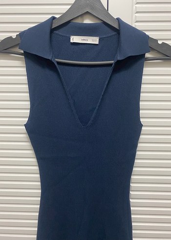 Lacivert V Yaka Uzun Kolsuz Elbise - Görsel 2