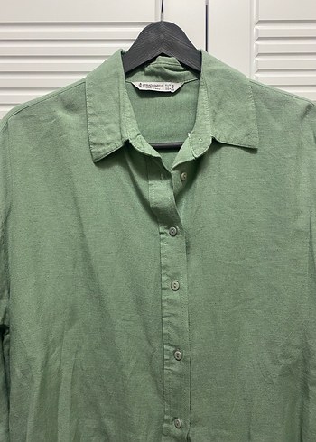 Düğmeli Yeşil Kadın Keten Gömlek - Görsel 2