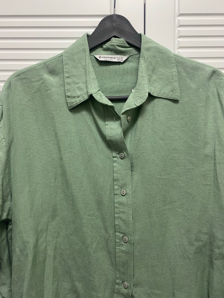 Düğmeli Yeşil Kadın Keten Gömlek - Görsel 2