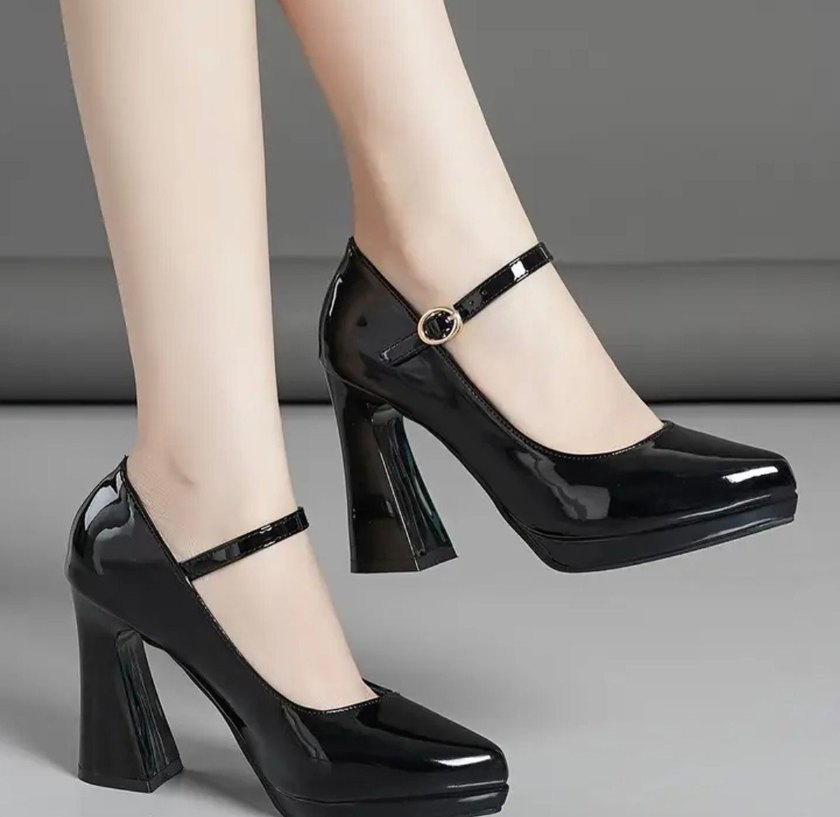 Parlak Siyah Kalın Topuklu Ayakkabı - Görsel 2