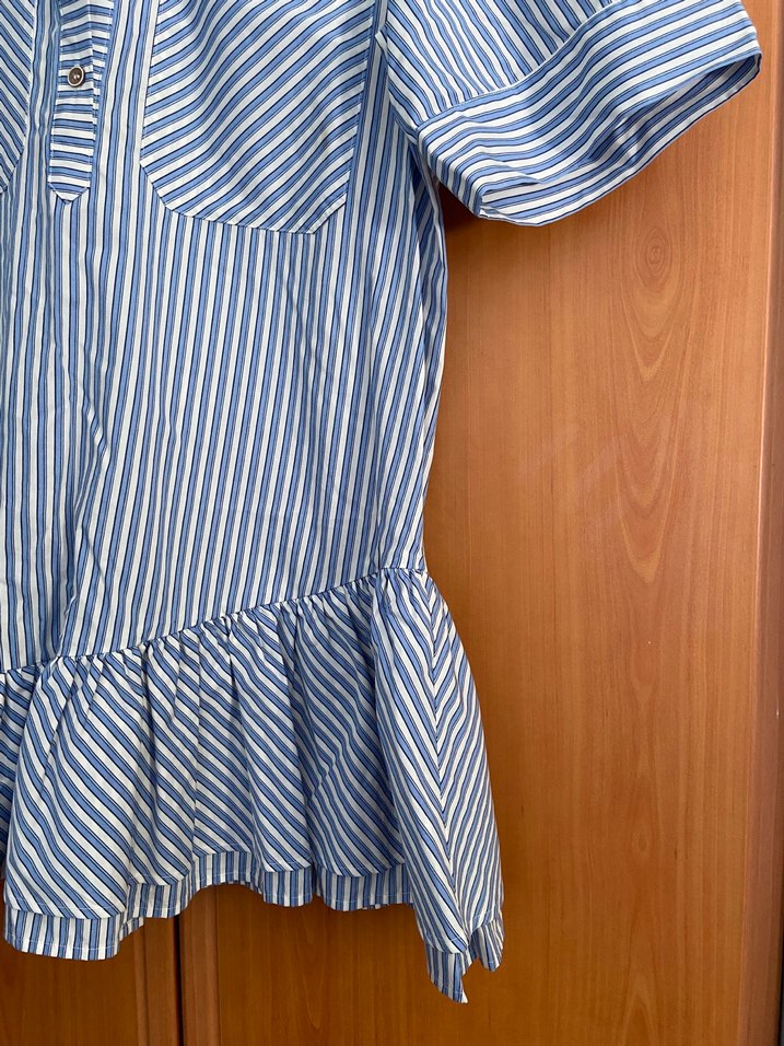Mavi Çizgili Kısa Kollu Fırfırlı Kadın Gömlek - Görsel 3