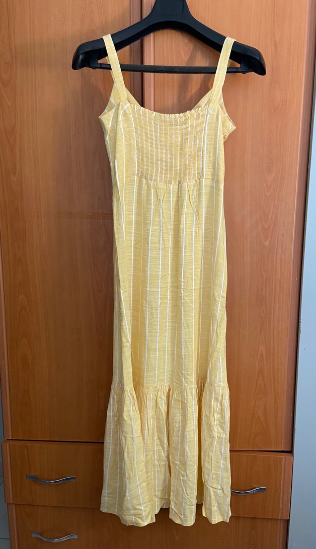 Sarı Çizgili V Yaka  Uzun Elbise - Görsel 2