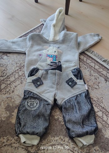 Kapüşonlu Gri Bebek Takımı, Uzun Kollu, Peluş Detaylı