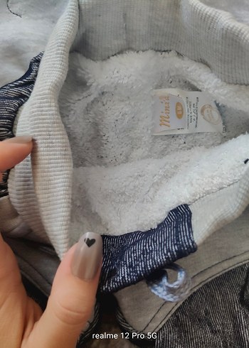 1 Yaş Beden gri Renk Kapüşonlu Gri Bebek Takımı, Uzun Kollu, Peluş Detaylı