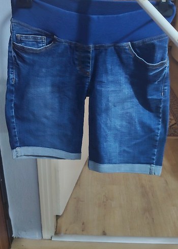 Koyu Mavi Bel Detaylı Hamile Kot Şort - Görsel 2