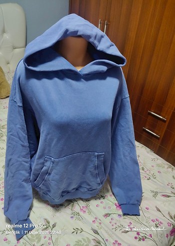 Mavi Kapüşonlu Kadın Sweatshirt - Görsel 5