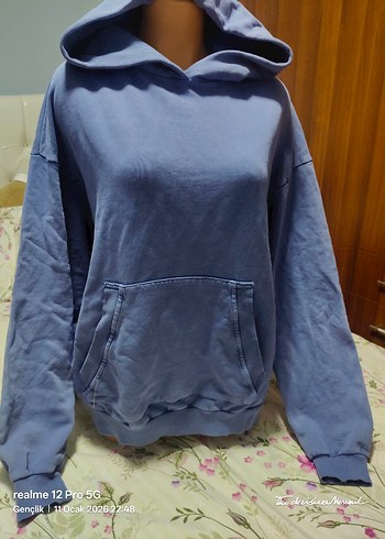 Mavi Kapüşonlu Kadın Sweatshirt - Görsel 4