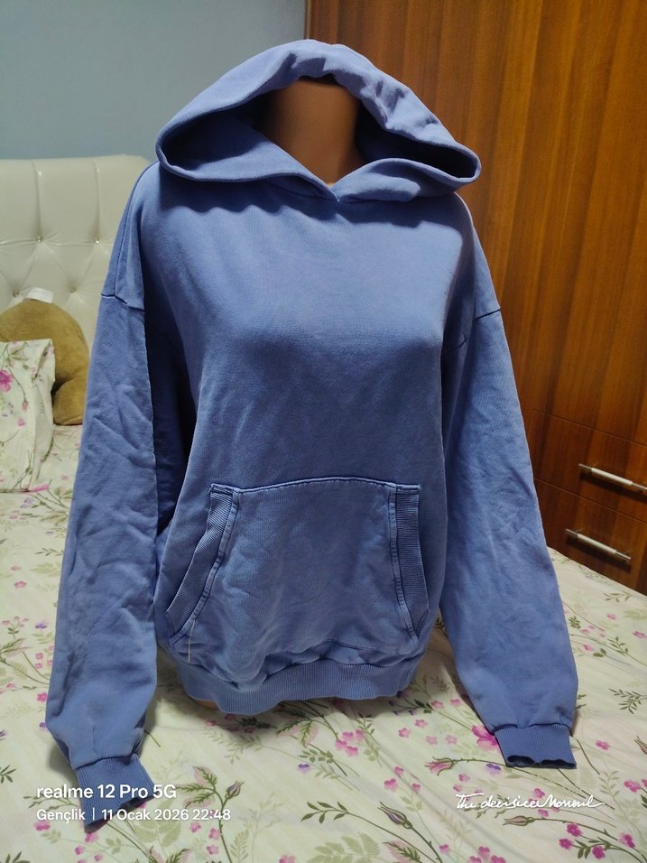 Mavi Kapüşonlu Kadın Sweatshirt - Görsel 2