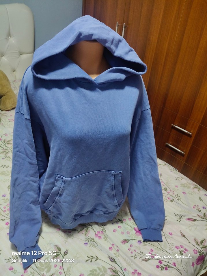 Mavi Kapüşonlu Kadın Sweatshirt - Görsel 5