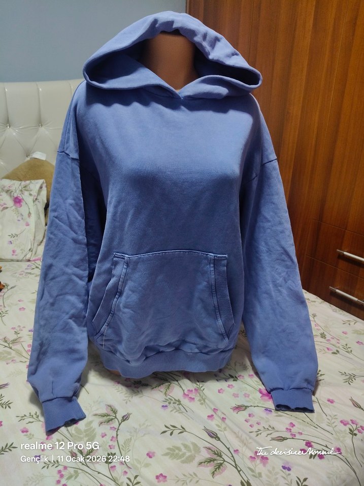 Mavi Kapüşonlu Kadın Sweatshirt - Görsel 3