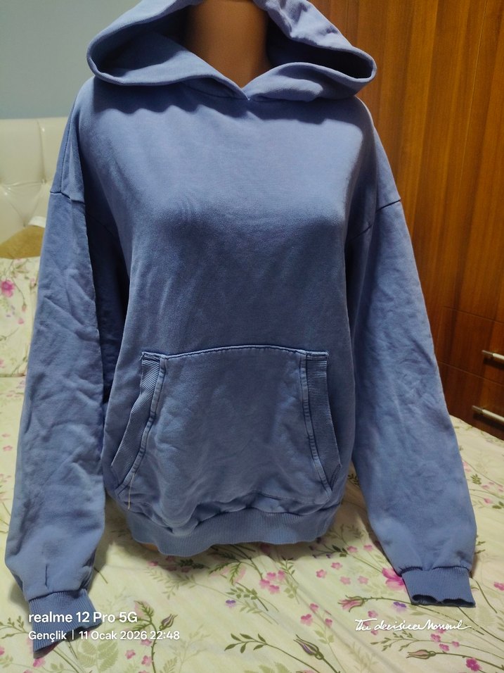 Mavi Kapüşonlu Kadın Sweatshirt - Görsel 4