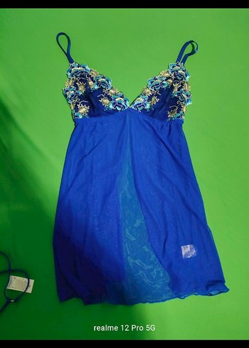 Mavi İşlemeli Mini Bohem Gecelik - Görsel 2