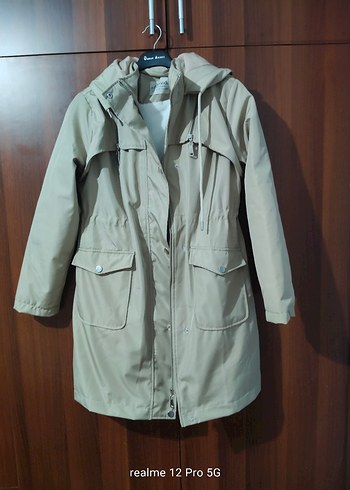 Bej Midi Kadın Yağmurluk Düğmeli Kapüşonlu - Görsel 2