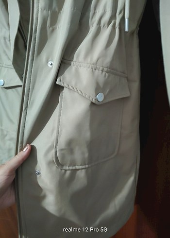 Bej Midi Kadın Yağmurluk Düğmeli Kapüşonlu - Görsel 6