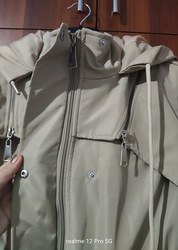 Bej Midi Kadın Yağmurluk Düğmeli Kapüşonlu - Görsel 13