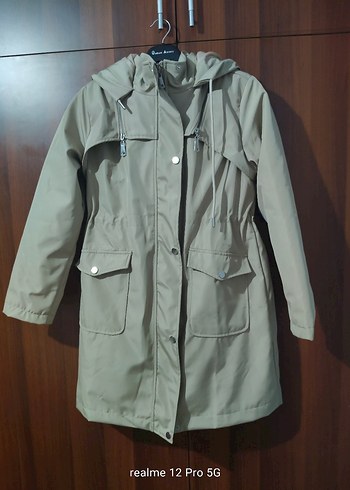 Bej Midi Kadın Yağmurluk Düğmeli Kapüşonlu - Görsel 12