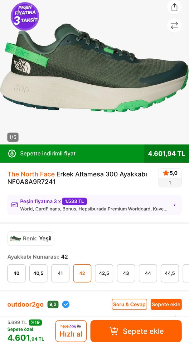 THE NORTH FACE Erkek Yeşil Gri Outdoor Koşu Ayakkabısı - Görsel 2