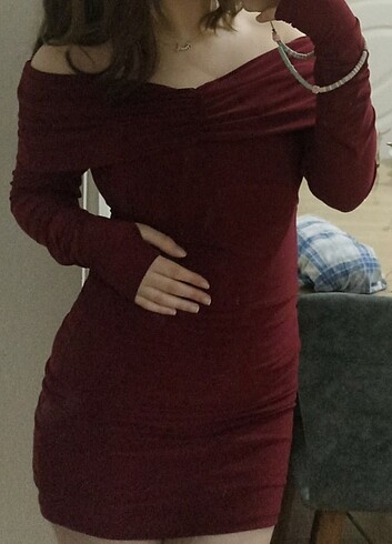 Zara Bordo Madonna Yaka Mini Elbise