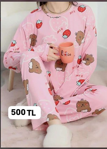 Pembe Baskılı Uzun Kollu Rahat Pijama Takımı