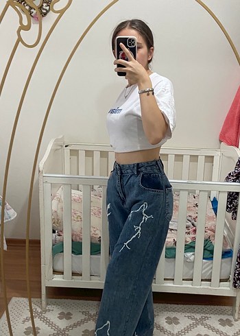 Düğmeli Şimşek Desenli Bol Kesim Unisex Kot Pantolon
