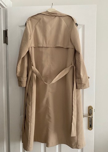 Düğmeli Bej Uzun Kadın Trençkot - Görsel 2