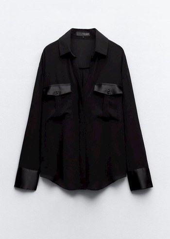 , Uzun Kollu, Siyah saten detaylı gömlek - Görsel 2