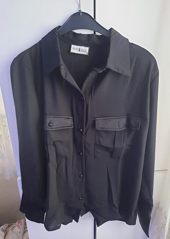 , Uzun Kollu, Siyah saten detaylı gömlek - Görsel 3