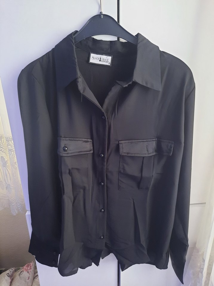 , Uzun Kollu, Siyah saten detaylı gömlek - Görsel 3