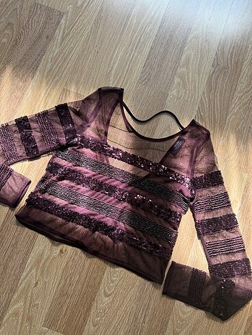 s Beden bordo Renk Bershka Payetli sırt dekolteli bluz