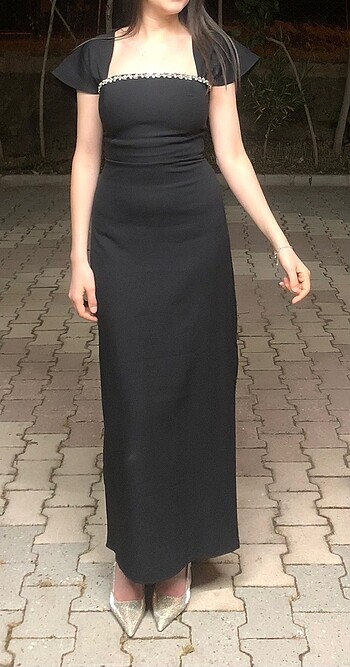m Beden siyah Renk Eyyo Siyah Taş Detay Uzun Elbise