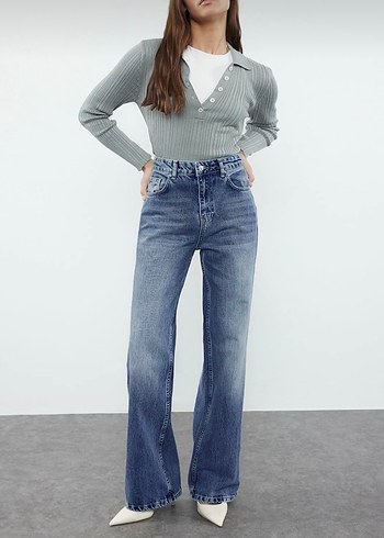 Milla Düğmeli Gri Midi Denim Kadın Pantolon
