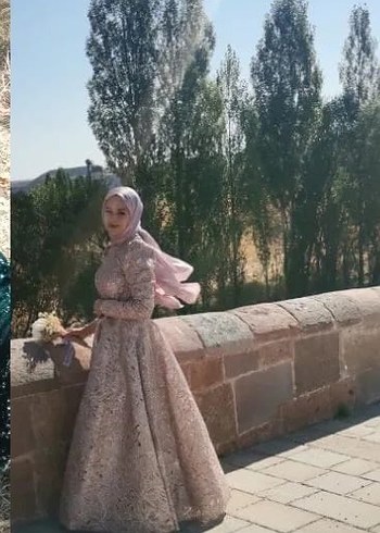 38 Beden Bej Drape İşlemeli Uzun Kollu Abiye Elbise
