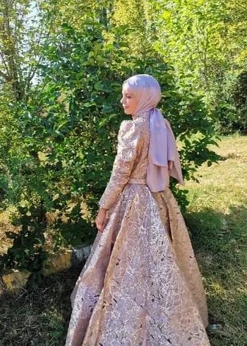 Abiye Bej Drape İşlemeli Uzun Kollu Abiye Elbise