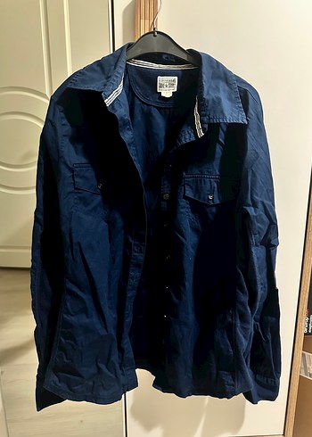 Lacivert Denim Düğmeli Uzun Kollu Erkek Gömlek