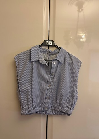 Berska marka Gri Çizgili Kolsuz Denim Gömlek