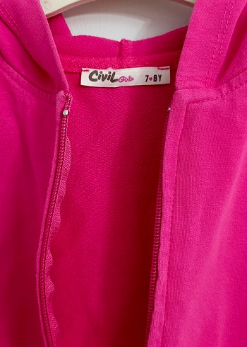 Civil 7 8 yaş Kız Çocuk Kapüşonlu Fermuarlı Pembe Yelek - Görsel 7