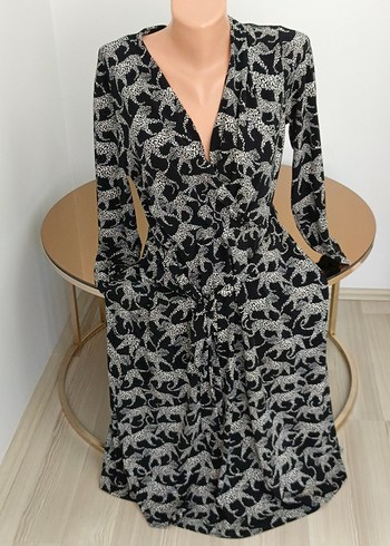 Koton L XL Bohem Gri Leopar Desenli Uzun Kollu Elbise