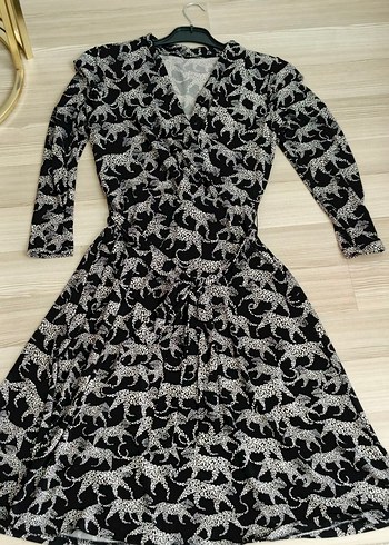 xl Beden Koton L XL Bohem Gri Leopar Desenli Uzun Kollu Elbise