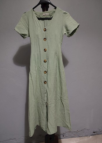 Düğmeli Uzun Keten Kadın Elbise - Görsel 2