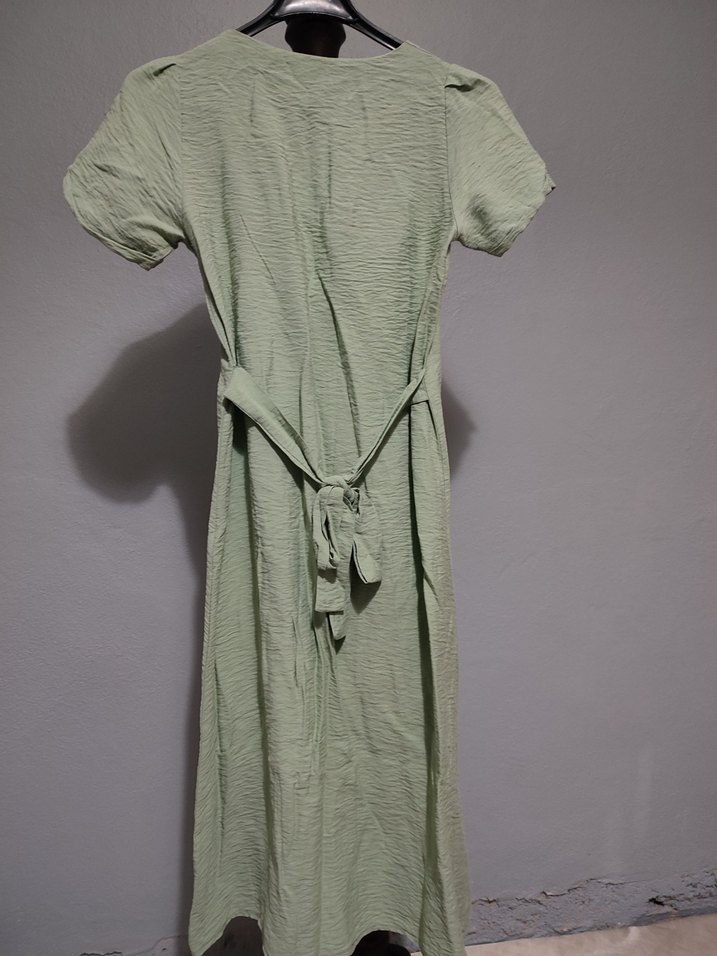 Düğmeli Uzun Keten Kadın Elbise - Görsel 3