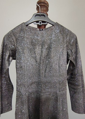 Uzun Kollu Gri Simli Abiye Elbise - Görsel 4